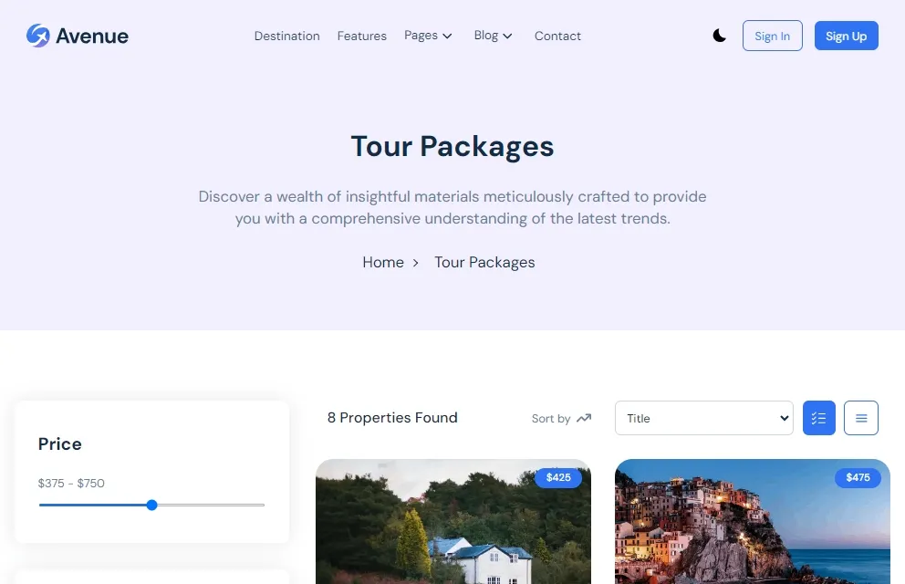 Tour Package Page